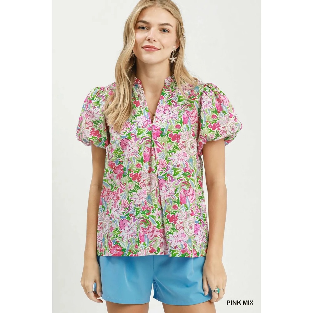 Umgee Floral Puff Sleeve Blouse - Pink mix - Medium